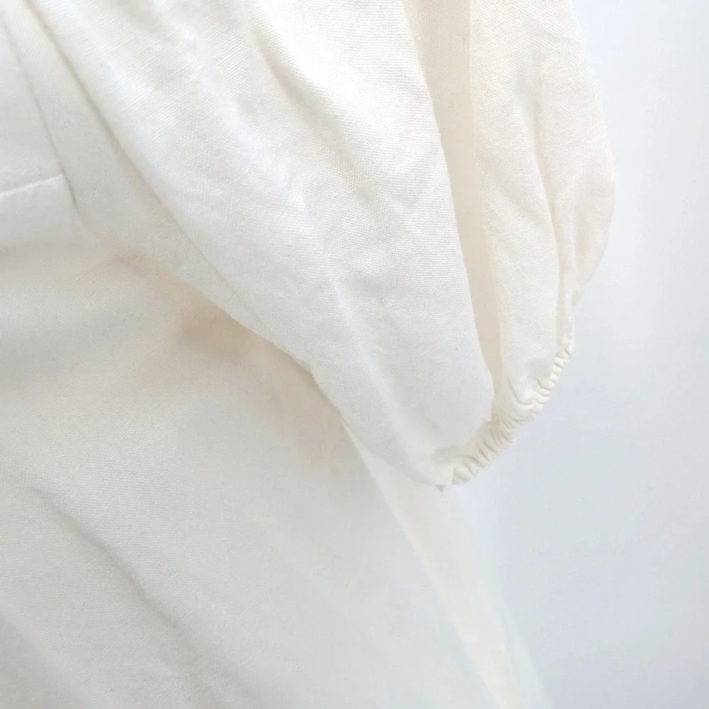 Crescent Linen Blend Dress Puff Sleeve Square Neck Cream Mini‎ L Summer Chic